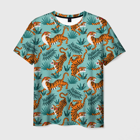 Мужская футболка 3D с принтом Рычащие Тигры Паттерн , 100% полиэфир | прямой крой, круглый вырез горловины, длина до линии бедер | black | cat | chill | relax | tiger | животные | коралловый | кот | кошки | лев | леопарды | отдых | паттерн | полосатый | полосы | растения | тигры | узор | цветы
