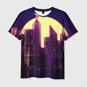 Мужская футболка 3D с принтом Неоновый город , 100% полиэфир | прямой крой, круглый вырез горловины, длина до линии бедер | city | neon | башня | город | луна | неон | неоновый | неоновый принт | нью йорк