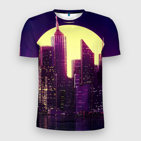 Мужская футболка 3D Slim с принтом Неоновый город , 100% полиэстер с улучшенными характеристиками | приталенный силуэт, круглая горловина, широкие плечи, сужается к линии бедра | city | neon | башня | город | луна | неон | неоновый | неоновый принт | нью йорк