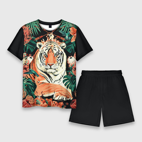 Мужской костюм с шортами 3D с принтом Огненный Тигр в Цветах ,  |  | black | cat | chill | relax | tiger | животные | коралловый | кот | кошки | лев | леопарды | огонь | отдых | паттерн | полосатый | полосы | растения | тигры | узор | цветы