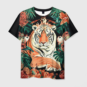 Мужская футболка 3D с принтом Огненный Тигр в Цветах в Курске, 100% полиэфир | прямой крой, круглый вырез горловины, длина до линии бедер | black | cat | chill | relax | tiger | животные | коралловый | кот | кошки | лев | леопарды | огонь | отдых | паттерн | полосатый | полосы | растения | тигры | узор | цветы