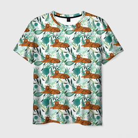 Мужская футболка 3D с принтом Цветы и Тигр Паттерн в Тюмени, 100% полиэфир | прямой крой, круглый вырез горловины, длина до линии бедер | black | cat | chill | relax | tiger | животные | коралловый | кот | кошки | лев | леопарды | отдых | паттерн | полосатый | полосы | растения | тигры | узор | цветы