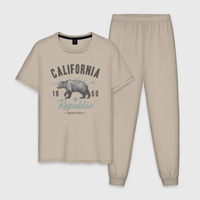 Мужская пижама хлопок с принтом California в Петрозаводске, 100% хлопок | брюки и футболка прямого кроя, без карманов, на брюках мягкая резинка на поясе и по низу штанин
 | california | usa | горы | калифорния | медведь | республика