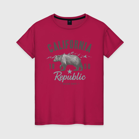 Женская футболка хлопок с принтом California   Usa в Белгороде, 100% хлопок | прямой крой, круглый вырез горловины, длина до линии бедер, слегка спущенное плечо | california | usa | горы | калифорния | медведь | республика