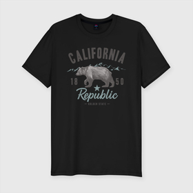 Мужская футболка хлопок Slim с принтом California в Кировске, 92% хлопок, 8% лайкра | приталенный силуэт, круглый вырез ворота, длина до линии бедра, короткий рукав | Тематика изображения на принте: california | usa | горы | калифорния | медведь | республика