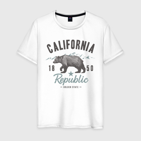 Мужская футболка хлопок с принтом California в Кировске, 100% хлопок | прямой крой, круглый вырез горловины, длина до линии бедер, слегка спущенное плечо. | Тематика изображения на принте: california | usa | горы | калифорния | медведь | республика