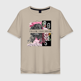 Мужская футболка хлопок Oversize с принтом Roses в Санкт-Петербурге, 100% хлопок | свободный крой, круглый ворот, “спинка” длиннее передней части | 8 марта | girl | woman | бабушка | весна | девушкам | девушке | девушки | женский | листья | мама | март | подарок | розы | тренд | цветочки | цветы
