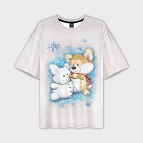 Мужская футболка oversize 3D с принтом Корги и снеговик в Тюмени,  |  | зима | корги | малыш | снеговик | снежинки | собака | щенок