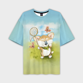 Мужская футболка oversize 3D с принтом Корги и бабочка в Курске,  |  | бабочка | корги | лето | малыш | собака | солнце | щенок