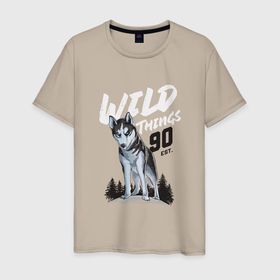 Мужская футболка хлопок с принтом Волк в Белгороде, 100% хлопок | прямой крой, круглый вырез горловины, длина до линии бедер, слегка спущенное плечо. | волк | дикая | дикая собака | елки | лес | пес | собака | хаски
