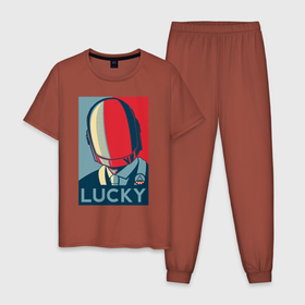 Мужская пижама хлопок с принтом Guy-Manuel | Lucky в Екатеринбурге, 100% хлопок | брюки и футболка прямого кроя, без карманов, на брюках мягкая резинка на поясе и по низу штанин
 | Тематика изображения на принте: cyberpunk | daft | daftpunk | electronic | get | guy | guy manuel | human | lucky | music | punk | robot | rock | thomas | дафт | дафтпанк | киберпанк | музыка | ню диско | панк | робот | рок | техно | томас | электро | электроник рок