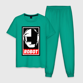 Мужская пижама хлопок с принтом Daft Punk в Санкт-Петербурге, 100% хлопок | брюки и футболка прямого кроя, без карманов, на брюках мягкая резинка на поясе и по низу штанин
 | cyberpunk | daft | daftpunk | electronic | get | guy | guy manuel | human | lucky | music | punk | robot | rock | thomas | дафт | дафтпанк | киберпанк | музыка | ню диско | панк | робот | рок | техно | томас | электро | электроник рок