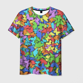 Мужская футболка 3D с принтом Разноцветные бабочки , 100% полиэфир | прямой крой, круглый вырез горловины, длина до линии бедер | 8 марта | бабочка | мотылёк | мотыльки | насекомые | паттерн | радуга