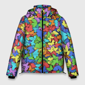 Мужская зимняя куртка 3D с принтом Разноцветные бабочки , верх — 100% полиэстер; подкладка — 100% полиэстер; утеплитель — 100% полиэстер | длина ниже бедра, свободный силуэт Оверсайз. Есть воротник-стойка, отстегивающийся капюшон и ветрозащитная планка. 

Боковые карманы с листочкой на кнопках и внутренний карман на молнии. | 8 марта | бабочка | мотылёк | мотыльки | насекомые | паттерн | радуга
