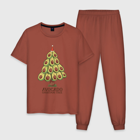 Мужская пижама хлопок с принтом Avocado Christmas Tree в Белгороде, 100% хлопок | брюки и футболка прямого кроя, без карманов, на брюках мягкая резинка на поясе и по низу штанин
 | Тематика изображения на принте: claus | cute | nature | new year | santa | tree | авокадо | адвокадо | дед мороз | дед отмороз | ёлка | ель | из авокадо | колпак | косточка | милота | милые авокадо | новый год | прикол | природа | рождественское дерево