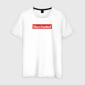 Мужская футболка хлопок с принтом Vaccinated в Кировске, 100% хлопок | прямой крой, круглый вырез горловины, длина до линии бедер, слегка спущенное плечо. | covid 19 | вакцина | вакцинация | ковид 19 | коронавирус | спасибо науке