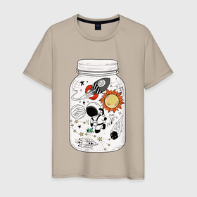 Мужская футболка хлопок с принтом Космос в банке , 100% хлопок | прямой крой, круглый вырез горловины, длина до линии бедер, слегка спущенное плечо. | астронавт | космонавт | космос | планеты | ракета | солнце
