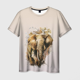 Мужская футболка 3D с принтом акварельный слон брызги в Курске, 100% полиэфир | прямой крой, круглый вырез горловины, длина до линии бедер | Тематика изображения на принте: акварель | акварельный | арт | бивни | брызги | животное | зверь | краска | природа | разводы | рисунок | хобот