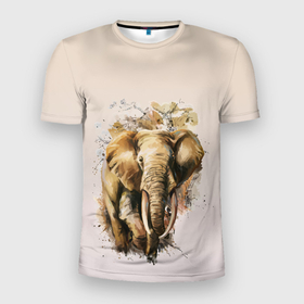 Мужская футболка 3D спортивная с принтом акварельный слон брызги в Екатеринбурге, 100% полиэстер с улучшенными характеристиками | приталенный силуэт, круглая горловина, широкие плечи, сужается к линии бедра | акварель | акварельный | арт | бивни | брызги | животное | зверь | краска | природа | разводы | рисунок | хобот