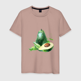 Мужская футболка хлопок с принтом акварельное авокадо в Екатеринбурге, 100% хлопок | прямой крой, круглый вырез горловины, длина до линии бедер, слегка спущенное плечо. | Тематика изображения на принте: авокадо | акварель | брызги | веган | вегетарианец | здоровье | зож | правильное питание | рисунок