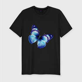 Мужская футболка хлопок Slim с принтом Синяя бабочка , 92% хлопок, 8% лайкра | приталенный силуэт, круглый вырез ворота, длина до линии бедра, короткий рукав | Тематика изображения на принте: бабочка | крылья | мотылек | насекомое | полет | рисунок | синий