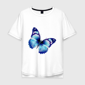 Мужская футболка хлопок Oversize с принтом Синяя бабочка , 100% хлопок | свободный крой, круглый ворот, “спинка” длиннее передней части | Тематика изображения на принте: бабочка | крылья | мотылек | насекомое | полет | рисунок | синий