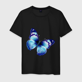 Мужская футболка хлопок с принтом Синяя бабочка в Кировске, 100% хлопок | прямой крой, круглый вырез горловины, длина до линии бедер, слегка спущенное плечо. | бабочка | крылья | мотылек | насекомое | полет | рисунок | синий