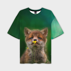 Мужская футболка oversize 3D с принтом Лисенок нюхает цветок в Санкт-Петербурге,  |  | fox | foxy | животное | звери | лиса | лисенок | лисичка | милая | рыжая | фокс