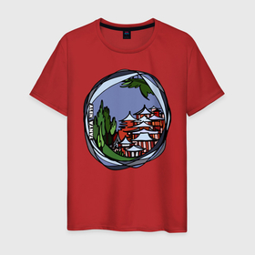 Мужская футболка хлопок с принтом Загадочная Башня сокровищ , 100% хлопок | прямой крой, круглый вырез горловины, длина до линии бедер, слегка спущенное плечо. | башня | город | графика | рисунок | япония