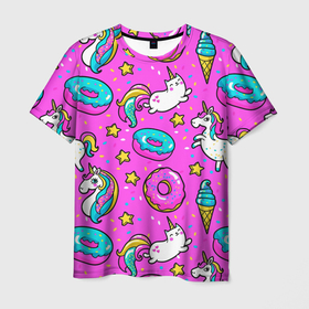 Мужская футболка 3D с принтом Единороги с пончиками в Белгороде, 100% полиэфир | прямой крой, круглый вырез горловины, длина до линии бедер | dab | dab единорог | dabbing unicorn | unicorn | брызги красок | детская | единорог радуга | краски | круги | прикольные картинки | радуга | радужные краски | радужный единорог | утята