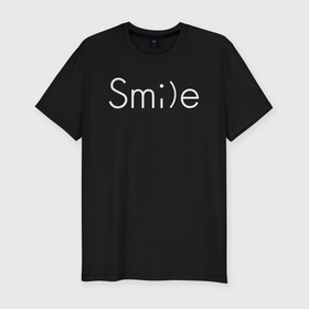 Мужская футболка хлопок Slim с принтом SMILE | УЛЫБКА в Курске, 92% хлопок, 8% лайкра | приталенный силуэт, круглый вырез ворота, длина до линии бедра, короткий рукав | creative | minimalism | smile | креатив | креативная | минимал | минимализм | надпись | смайл | смайлик | текст | улыбка