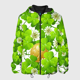 Мужская куртка 3D с принтом Ирландский Клевер и Монетка в Екатеринбурге, ткань верха — 100% полиэстер, подклад — флис | прямой крой, подол и капюшон оформлены резинкой с фиксаторами, два кармана без застежек по бокам, один большой потайной карман на груди. Карман на груди застегивается на липучку | день ирландии | зеленая | зеленый | ирландец | ирландская | ирландский | клевер | монета | патрик | с патриком