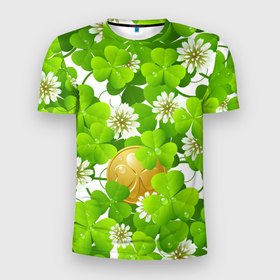Мужская футболка 3D спортивная с принтом Ирландский Клевер и Монетка в Белгороде, 100% полиэстер с улучшенными характеристиками | приталенный силуэт, круглая горловина, широкие плечи, сужается к линии бедра | Тематика изображения на принте: день ирландии | зеленая | зеленый | ирландец | ирландская | ирландский | клевер | монета | патрик | с патриком