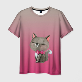 Мужская футболка 3D с принтом кошечка с бантиком в Белгороде, 100% полиэфир | прямой крой, круглый вырез горловины, длина до линии бедер | акварель | бабочка | бантик | киска | котенок | кошечка. киса | кошка | краска | рисунок