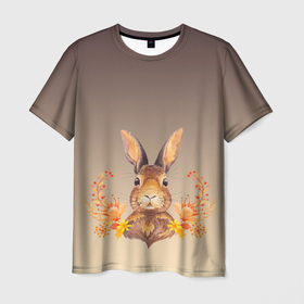 Мужская футболка 3D с принтом заяц в цветочках в Кировске, 100% полиэфир | прямой крой, круглый вырез горловины, длина до линии бедер | зайчик | заяц | кролик | крольченок | осень | портрет | природа | рамка | смелый | цветы