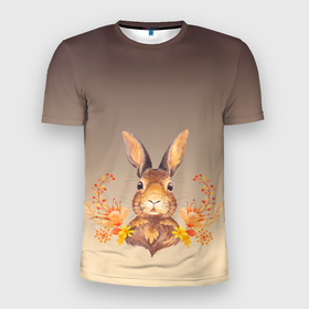 Мужская футболка 3D Slim с принтом заяц в цветочках в Петрозаводске, 100% полиэстер с улучшенными характеристиками | приталенный силуэт, круглая горловина, широкие плечи, сужается к линии бедра | зайчик | заяц | кролик | крольченок | осень | портрет | природа | рамка | смелый | цветы