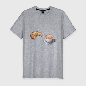 Мужская футболка хлопок Slim с принтом кофе и круассан в Курске, 92% хлопок, 8% лайкра | приталенный силуэт, круглый вырез ворота, длина до линии бедра, короткий рукав | акварель | завтрак | кофе | круассан | набросок | рисунок | утречко | утро
