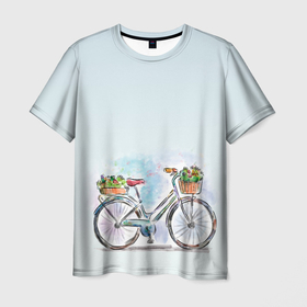 Мужская футболка 3D с принтом акварельный велосипед в Кировске, 100% полиэфир | прямой крой, круглый вырез горловины, длина до линии бедер | акварель | багажник | букет | велосипед | женский велик | корзинка | краска | мило | низкая рама | рисунок