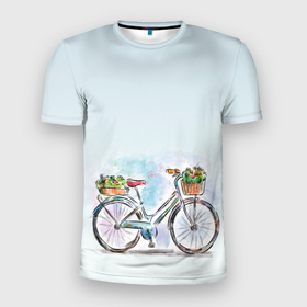 Мужская футболка 3D Slim с принтом акварельный велосипед в Новосибирске, 100% полиэстер с улучшенными характеристиками | приталенный силуэт, круглая горловина, широкие плечи, сужается к линии бедра | акварель | багажник | букет | велосипед | женский велик | корзинка | краска | мило | низкая рама | рисунок