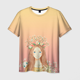Мужская футболка 3D с принтом девочка и кролик в Кировске, 100% полиэфир | прямой крой, круглый вырез горловины, длина до линии бедер | акварель | аниме | венок | весна | девочка | девушка | зайчик | зверек | кролик | манга | персонаж | рисунок | цветы
