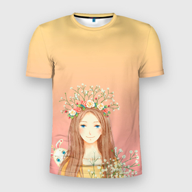 Мужская футболка 3D Slim с принтом девочка и кролик в Екатеринбурге, 100% полиэстер с улучшенными характеристиками | приталенный силуэт, круглая горловина, широкие плечи, сужается к линии бедра | акварель | аниме | венок | весна | девочка | девушка | зайчик | зверек | кролик | манга | персонаж | рисунок | цветы