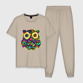 Мужская пижама хлопок с принтом Сова в Тюмени, 100% хлопок | брюки и футболка прямого кроя, без карманов, на брюках мягкая резинка на поясе и по низу штанин
 | owl | витраж | птица | сова | совы | узор