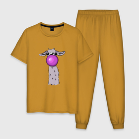 Мужская пижама хлопок с принтом Лама , 100% хлопок | брюки и футболка прямого кроя, без карманов, на брюках мягкая резинка на поясе и по низу штанин
 | bubble gum | lama | no drama | баблгам | бубльгум | лама | лама с жвачкой | пузырь