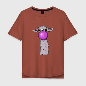 Мужская футболка хлопок Oversize с принтом Лама в Новосибирске, 100% хлопок | свободный крой, круглый ворот, “спинка” длиннее передней части | Тематика изображения на принте: bubble gum | lama | no drama | баблгам | бубльгум | лама | лама с жвачкой | пузырь