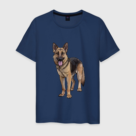 Мужская футболка хлопок с принтом немецкая овчарка в Тюмени, 100% хлопок | прямой крой, круглый вырез горловины, длина до линии бедер, слегка спущенное плечо. | гав | друг | немецкая овчарка | овчарка | пес | питомец | рисунок | собака | собачка