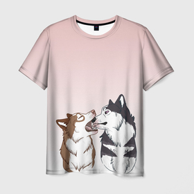Мужская футболка 3D с принтом Хаски играют в Курске, 100% полиэфир | прямой крой, круглый вырез горловины, длина до линии бедер | акито | вместе | волк | волки | гав | друг | зевает | играют | кусь | лижет | облизывают | пара | пес | питомец | рисунок | собака | собачка | хаски