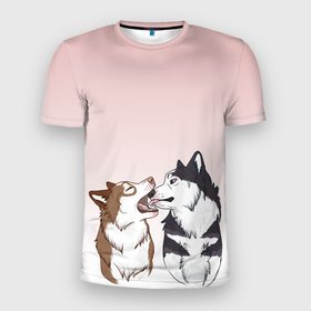 Мужская футболка 3D Slim с принтом Хаски играют в Новосибирске, 100% полиэстер с улучшенными характеристиками | приталенный силуэт, круглая горловина, широкие плечи, сужается к линии бедра | акито | вместе | волк | волки | гав | друг | зевает | играют | кусь | лижет | облизывают | пара | пес | питомец | рисунок | собака | собачка | хаски
