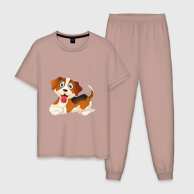 Мужская пижама хлопок с принтом веселый щенок в Новосибирске, 100% хлопок | брюки и футболка прямого кроя, без карманов, на брюках мягкая резинка на поясе и по низу штанин
 | веселый | гав | детский | добрый | друг | картинка | пес | питомец | рисунок | собака | собачка | щенок