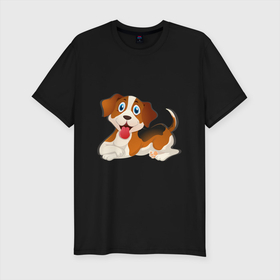 Мужская футболка хлопок Slim с принтом веселый щенок в Курске, 92% хлопок, 8% лайкра | приталенный силуэт, круглый вырез ворота, длина до линии бедра, короткий рукав | веселый | гав | детский | добрый | друг | картинка | пес | питомец | рисунок | собака | собачка | щенок