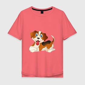 Мужская футболка хлопок Oversize с принтом веселый щенок в Тюмени, 100% хлопок | свободный крой, круглый ворот, “спинка” длиннее передней части | Тематика изображения на принте: веселый | гав | детский | добрый | друг | картинка | пес | питомец | рисунок | собака | собачка | щенок
